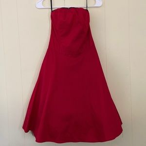 Red Ruby Rox strapless dress with black dots